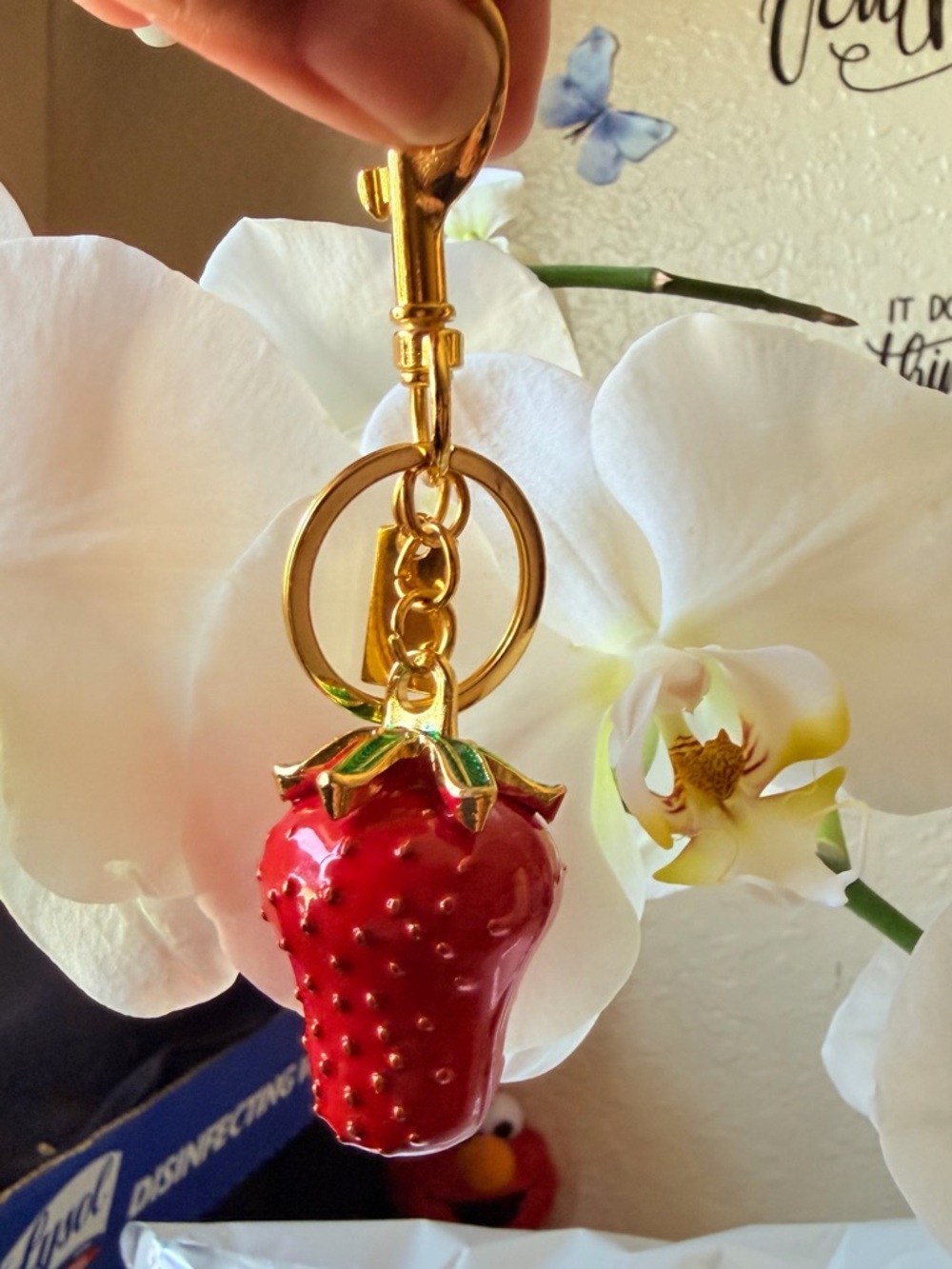 Gold Strawberry Charm Keychain - Red & Green